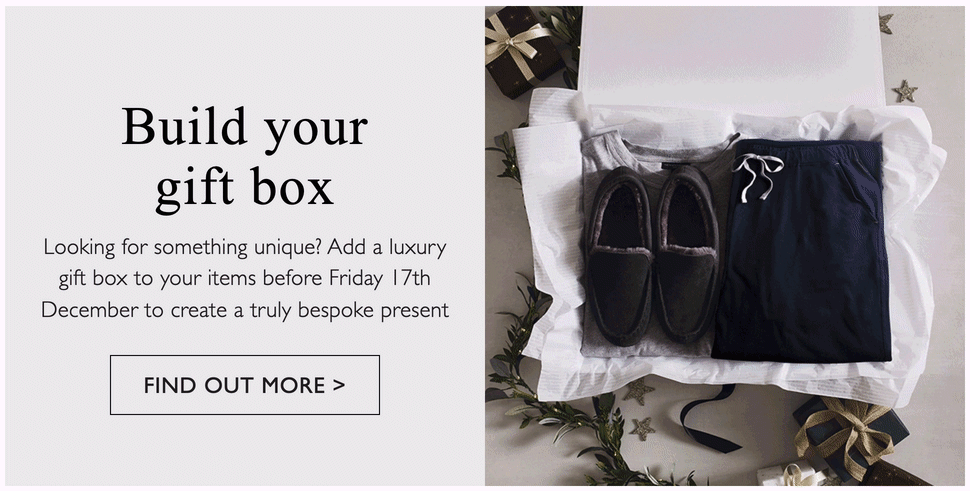 The White Company animated GIF email showing a build-your-own gift box promotion with a Find Out More CTA button