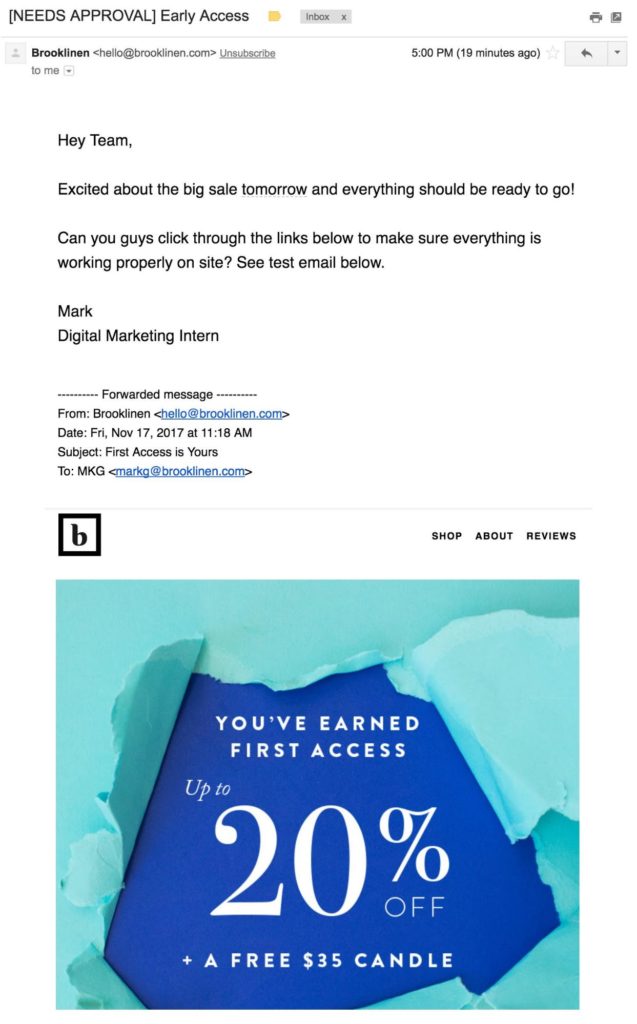 Brooklinen viral Black Friday email copywriting example disguised as an accidental internal send as a creative marketing strategy