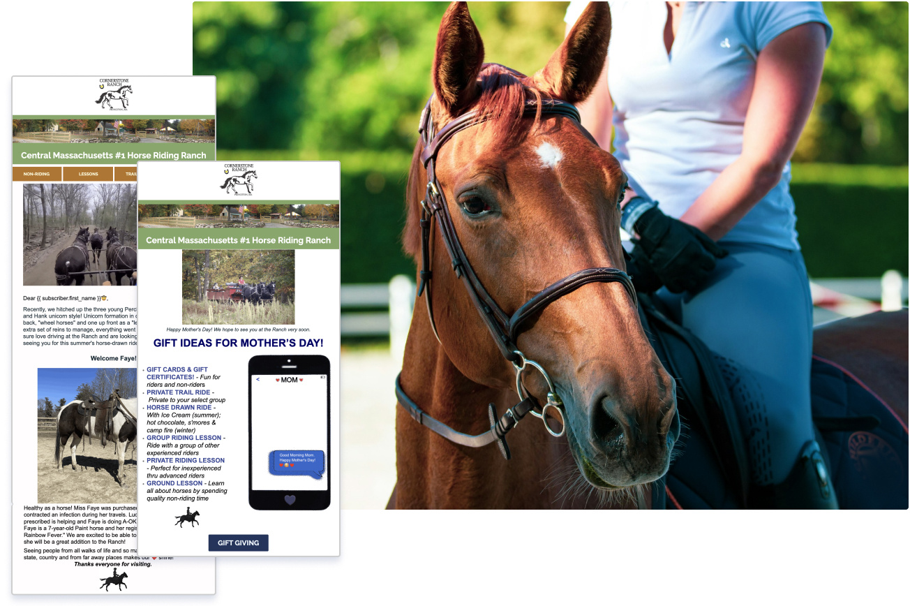 Cornerstone Ranch email examples overlaying an image of a horse and rider.