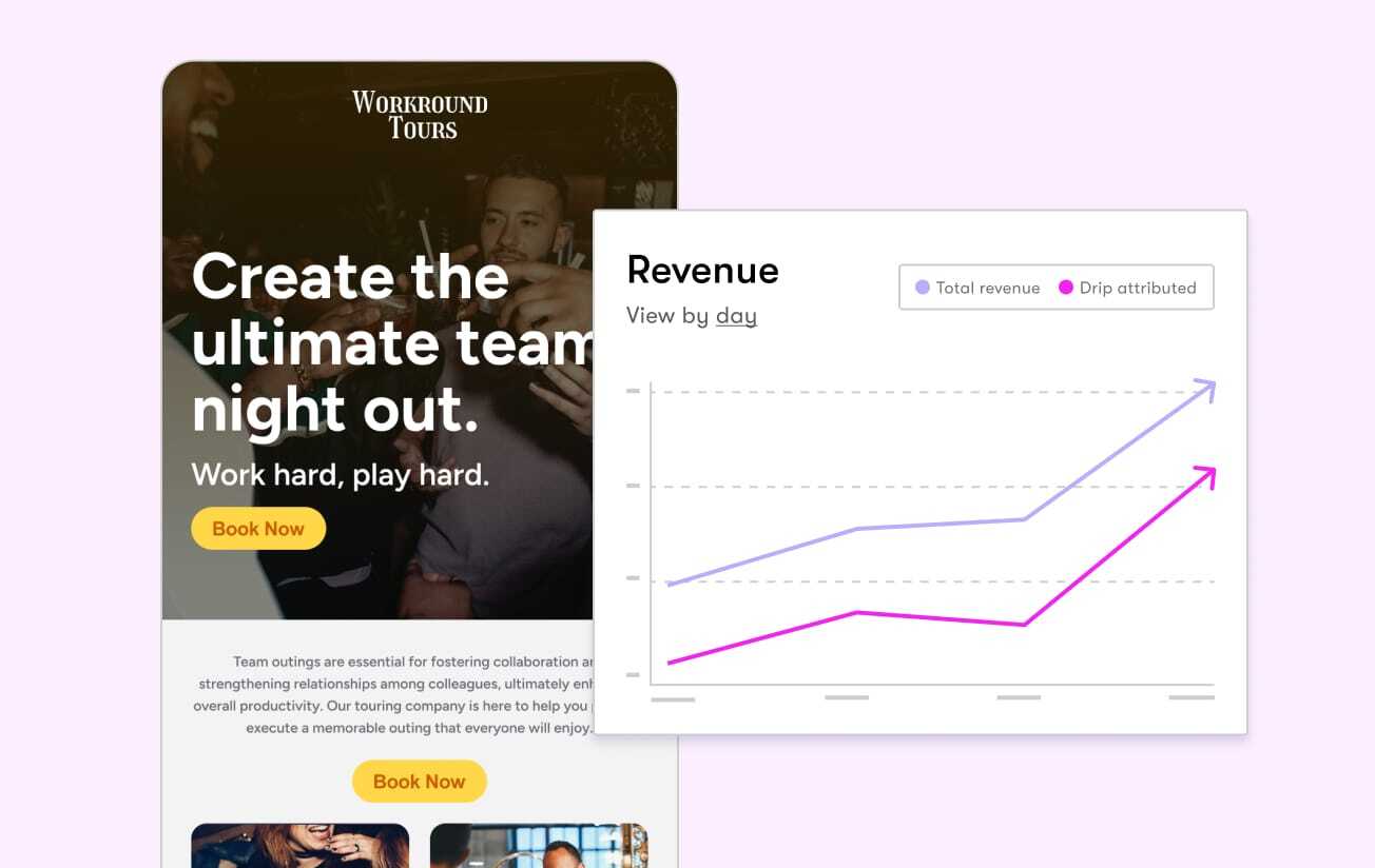 An email and a chart showing a revenue increase.