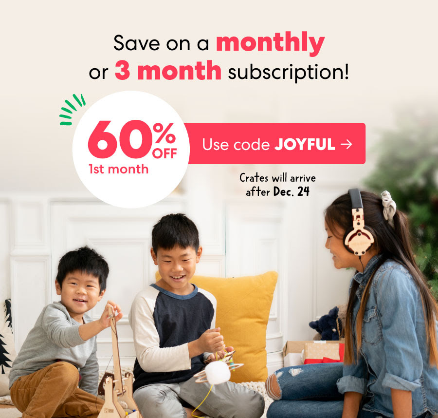 KiwiCo holiday email offering 60 percent off the first month with a Use Code CTA embedded in the image design