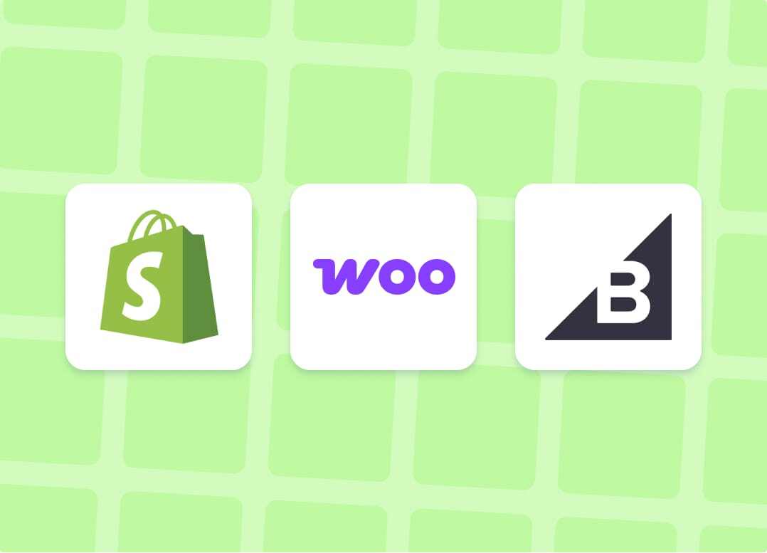 A graphic showing Shopify, WooCommerce, and BigCommerce logos.