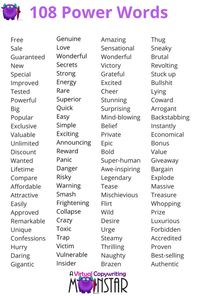 List of 108 power words for email marketing including classics like free, amazing, and guaranteed used to trigger emotional responses
