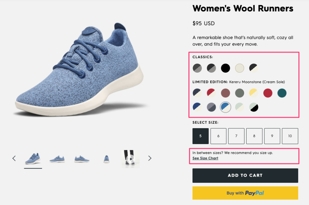 Allbirds product page example highlighting limited edition scarcity, multiple payment options, and a same-page size chart