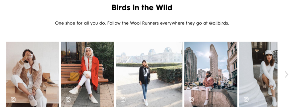 Allbirds product page user-generated content section displaying real customer photos of the shoes in everyday life