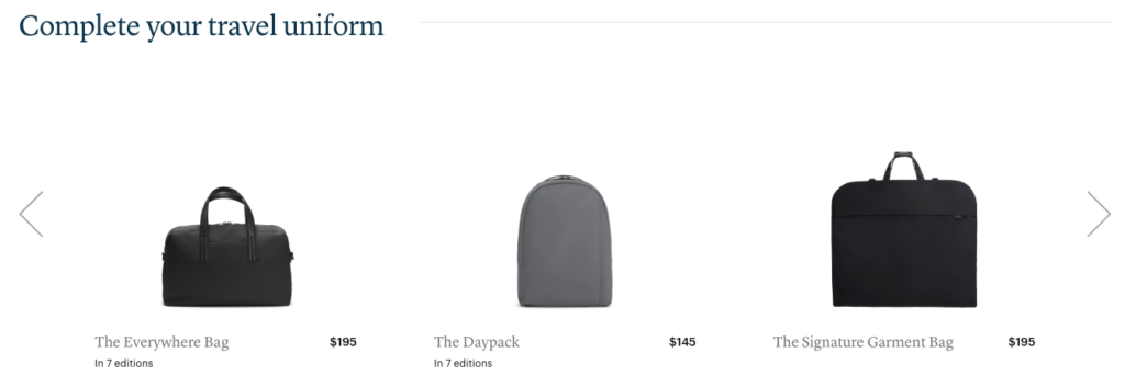 Away product page cross-sell section recommending complementary travel accessories with persuasive benefit-driven copy