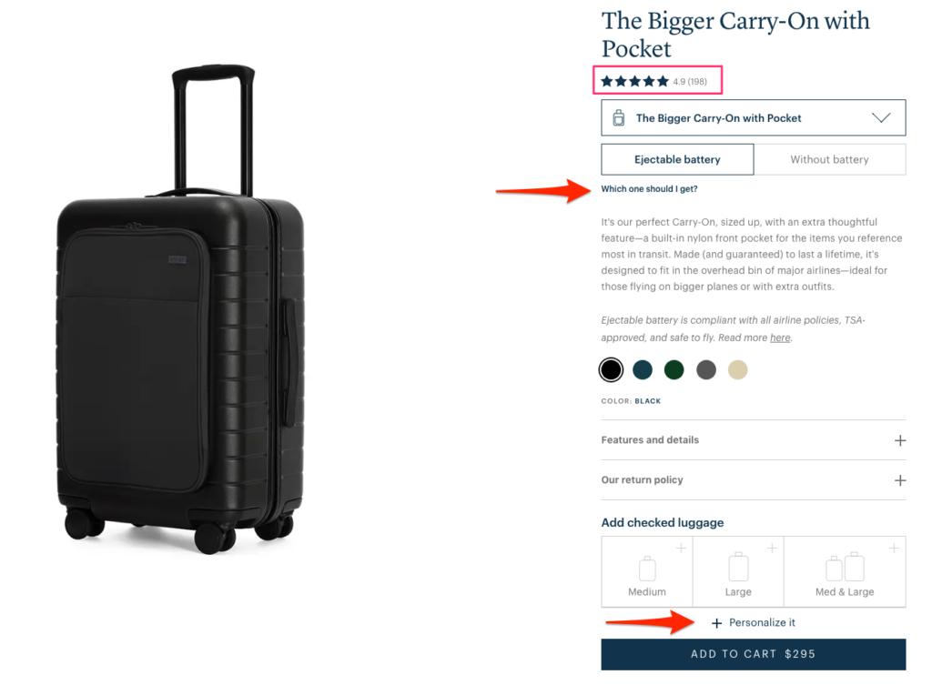 Away product page example showing star ratings, review count, and two product options with a link explaining which to choose