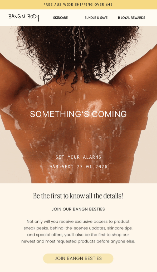 Bangn Body community-building email newsletter example teasing an upcoming launch and VIP group signup