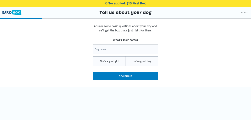 Barkbox landing page personalization form that visitors reach after clicking the Claim Offer popup CTA