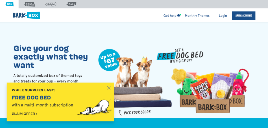 Barkbox homepage slide-in popup with a Claim Offer call to action button for a free dog bed promotion