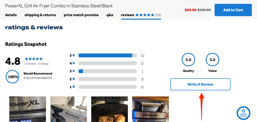 Bed Bath and Beyond product page reviews section with an additional option to leave a review after clicking Reviews