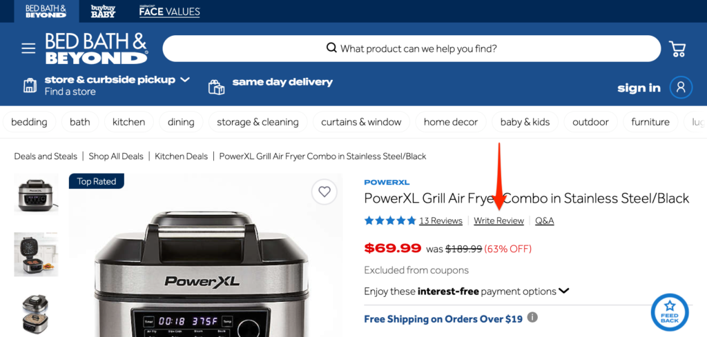 Bed Bath and Beyond product page with a Write a Review call to action button to collect customer testimonials