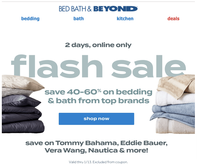 Bed Bath and Beyond two-day flash sale email example listing top brands included in the promotion to set clear customer expectations