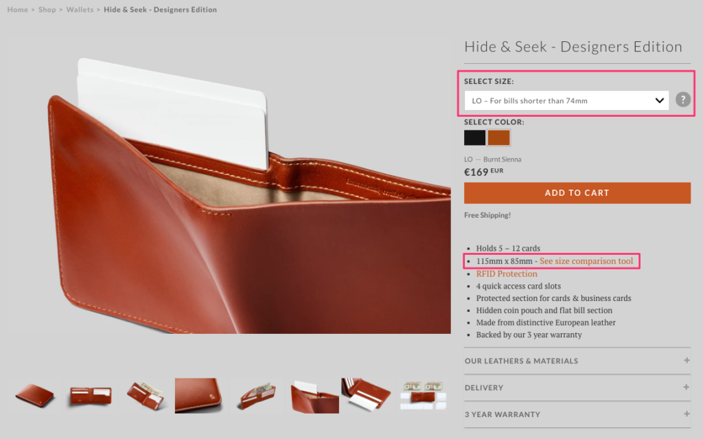 Bellroy product page example offering two wallet size options with helpful guidance on choosing the best fit for different currencies