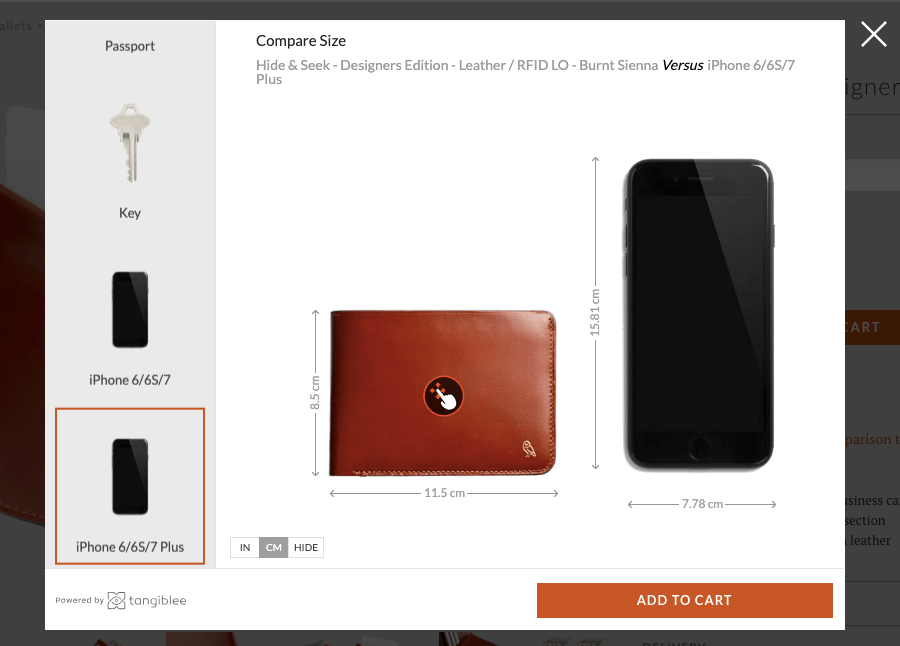 Bellroy product page size comparison tool by Tangiblee letting visitors compare the wallet size against an iPhone, key, or credit card