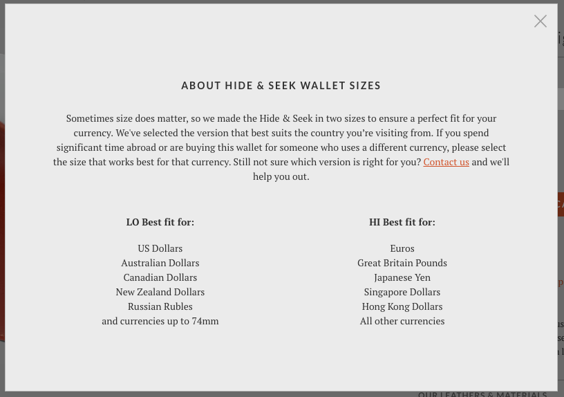 Bellroy product page pop-up explaining wallet size options in detail with real-life currency dimensions to help visitors decide