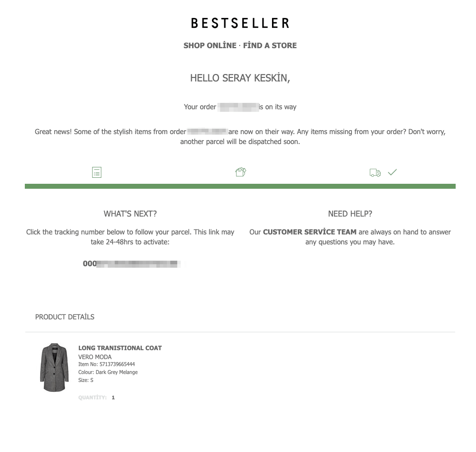 Bestseller shipping confirmation email example with the progress bar advanced one step and updated What's Next section with tracking information