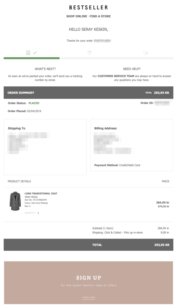 Bestseller order confirmation email example with a visual progress bar showing the order status and a What's Next section setting delivery expectations