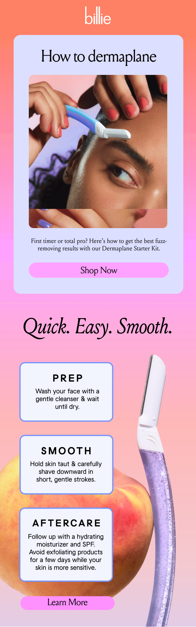 Billie how-to content email newsletter example teaching readers a three-step dermaplaning tutorial