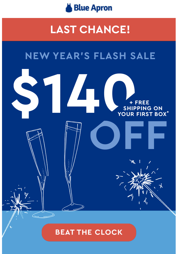 Blue Apron flash sale email example with a Beat the Clock call to action that adds gamification and heightens FOMO urgency