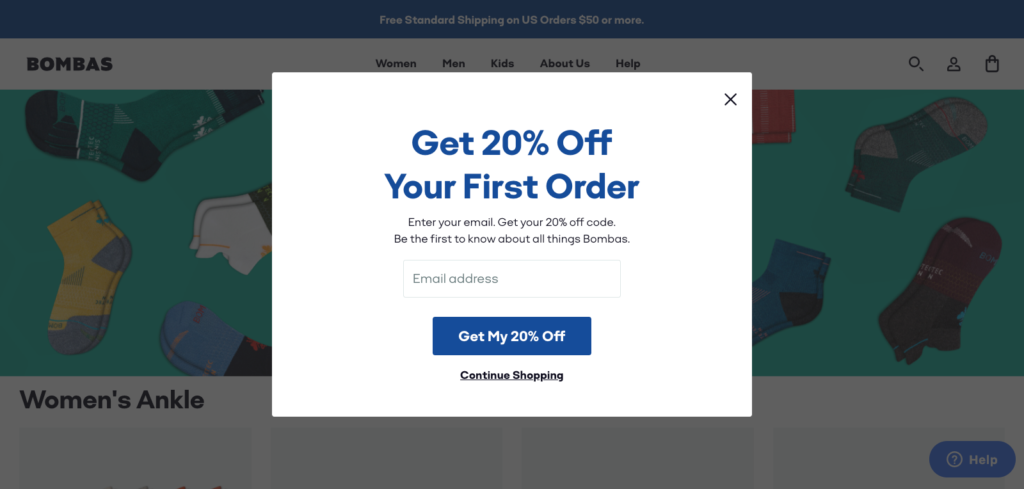 Bombas email signup popup offering 25 percent off with a Get My 25% call to action button