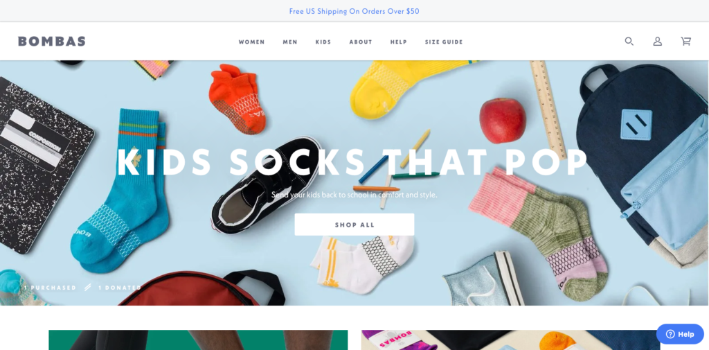 Bombas homepage copywriting example using the rhyming value proposition Kids Socks That Pop for catchy memorable copy