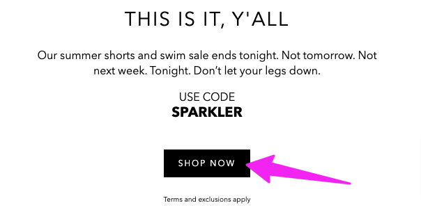 Bonobos email featuring a bold CTA button example reading Shop the Sale