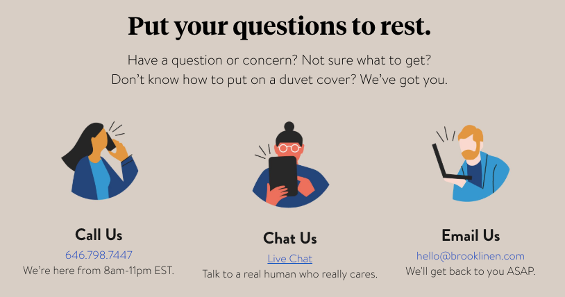 Brooklinen product page customer service section inviting visitors to ask questions before making a purchase