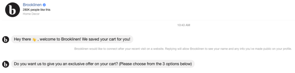 Brooklinen Facebook Messenger bot sending a cart abandonment reminder and offering an exclusive discount to recover the sale