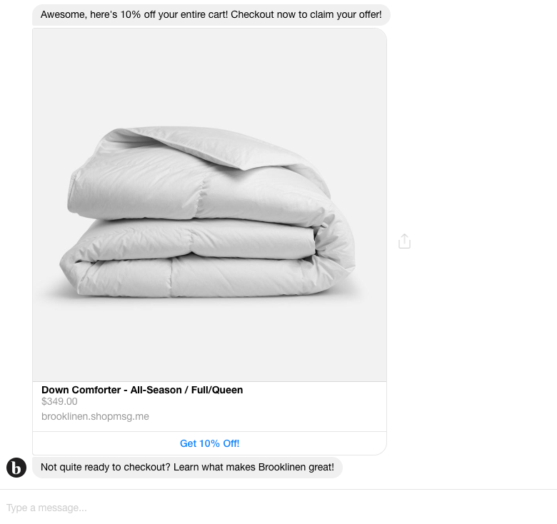 Brooklinen Messenger bot delivering a 10 percent discount code auto-applied at checkout to reduce cart abandonment