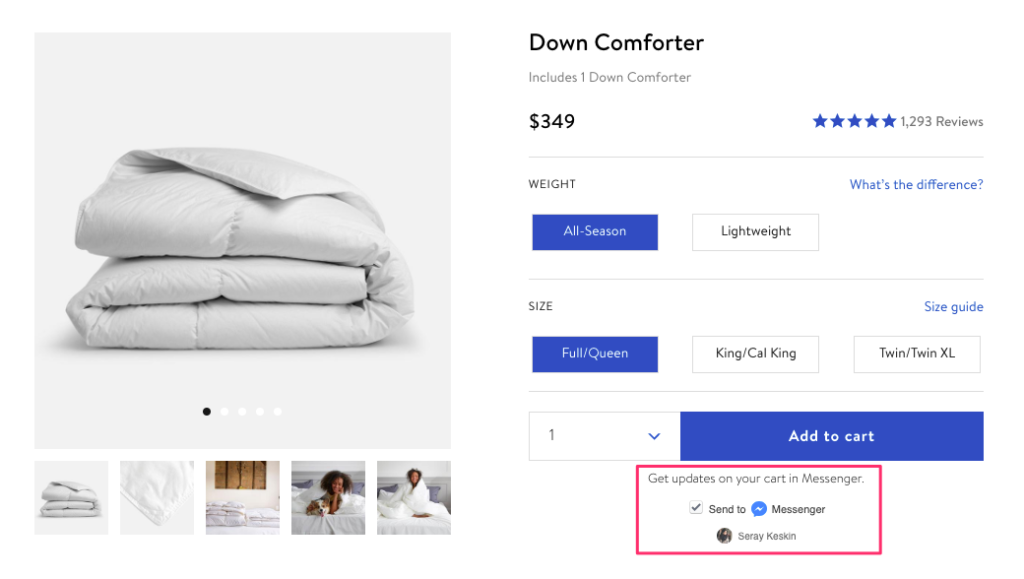 Brooklinen product page example with star ratings, weight options guide, and a Facebook Messenger cart update opt-in