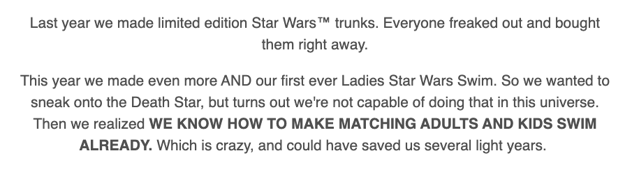 Chubbies product launch email copywriting example with humorous Star Wars references and unconventional formatting