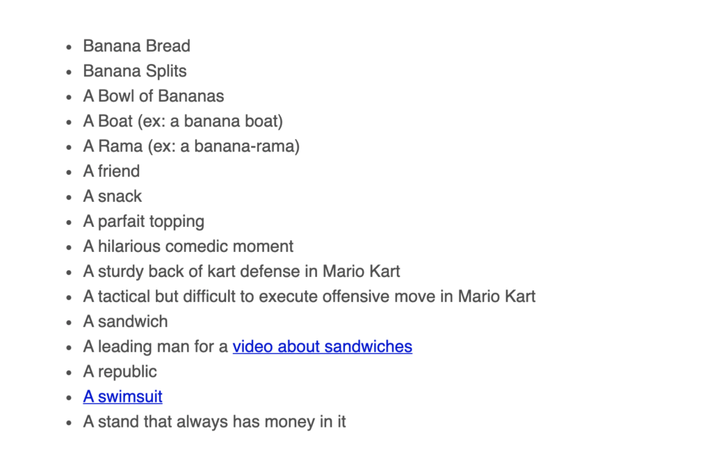 Chubbies email copywriting example listing things you can make with bananas to sell banana-themed shorts through humor