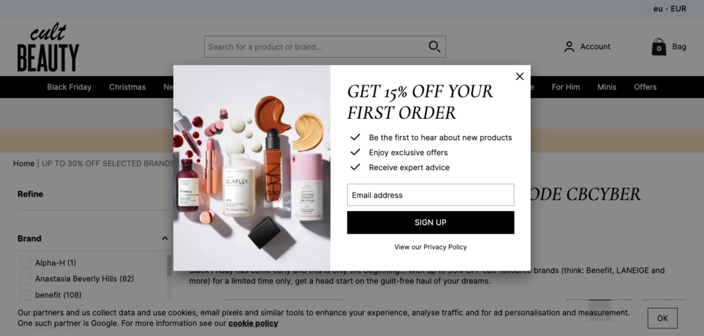 Cult Beauty email signup popup with bullet point benefits and a simple Sign Up call to action button