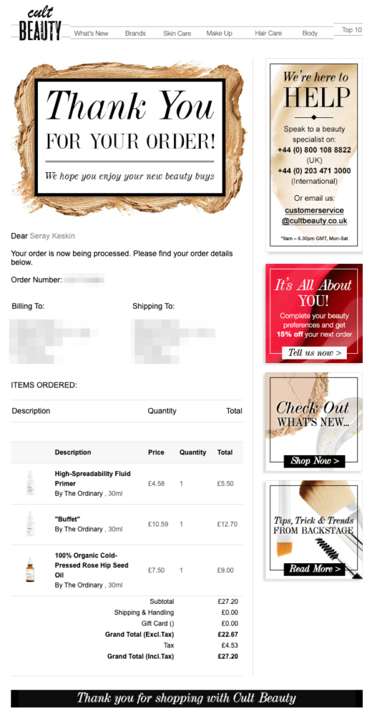 Cult Beauty order confirmation email example with three segmented CTAs for updating preferences, browsing new arrivals, and reading beauty tips