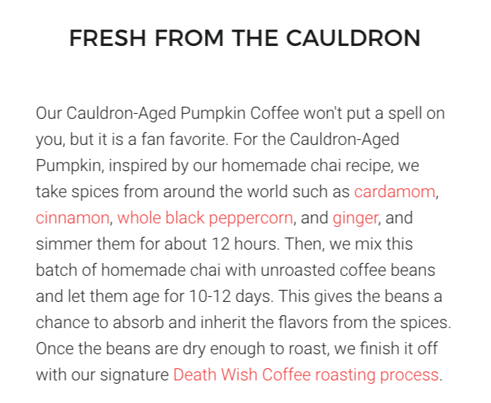 Death Wish Coffee product description copywriting example using vivid process details and descriptive adjectives to sell the brewing story