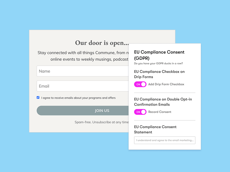 EU Compliance Consent checklist window and a Drip Embedded Form.