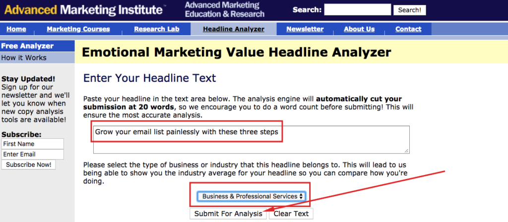 Emotional Marketing Value Headline Analyzer tool from the Advanced Marketing Institute used to score power words in email subject lines