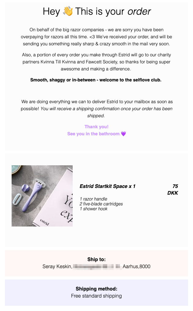 Estrid order confirmation email example welcoming the buyer to a self-love club with values-driven copy about savings and charitable donations