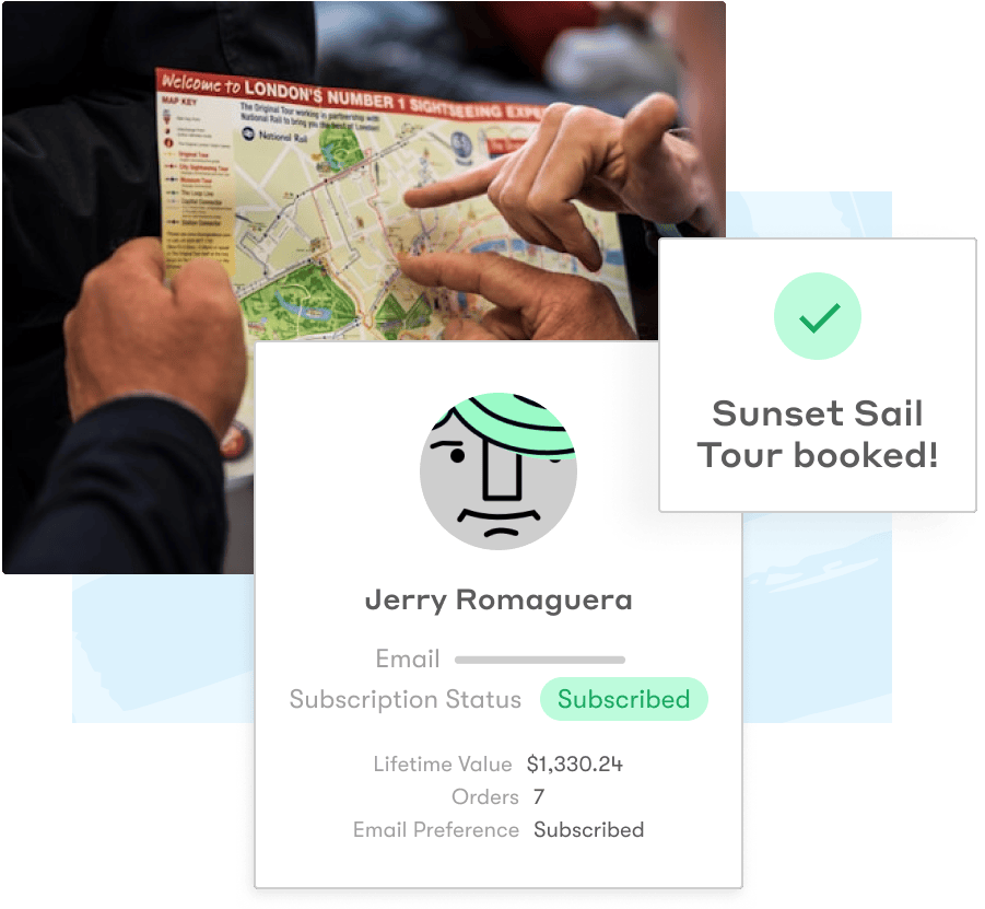 A collage showing a group of people holding a map, a window displaying someone's subscription status, and a window stating "Sunset Sail Tour Booked!"