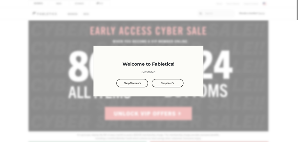 Fabletics welcome popup with Shop Men and Shop Women call to action buttons to direct visitors to the right category page