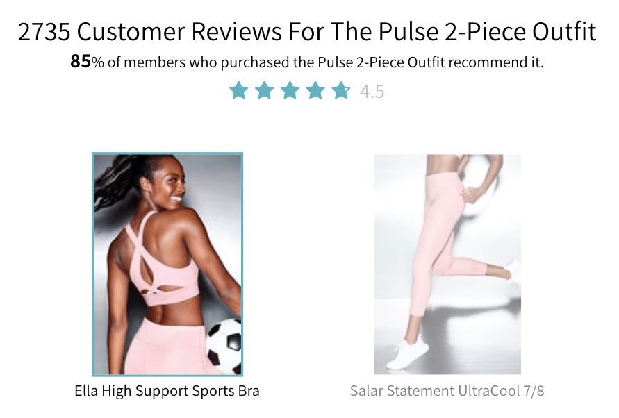 Fabletics product page review summary section giving a quick overview of ratings, fit, and comfort before the full testimonials