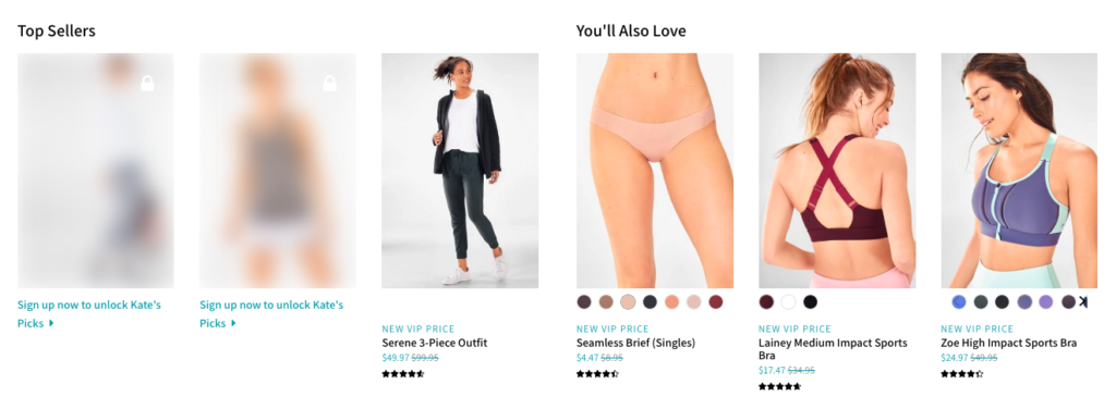 Fabletics product page with hidden product recommendations that can only be unlocked by signing up for a membership