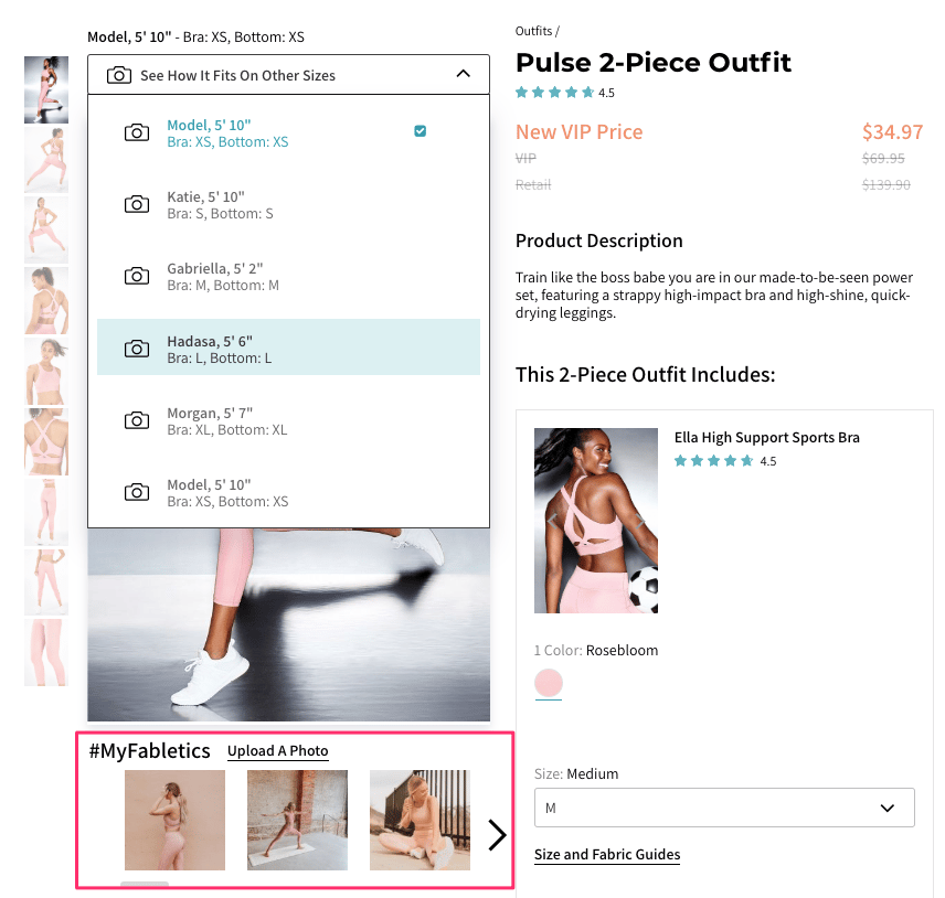 Fabletics product page offering multiple model photos in different sizes so visitors can see how the product fits various body types