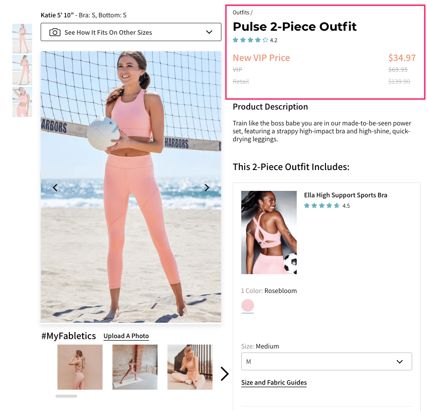 Fabletics product page example showing a discounted VIP member price compared to the regular retail price to highlight savings