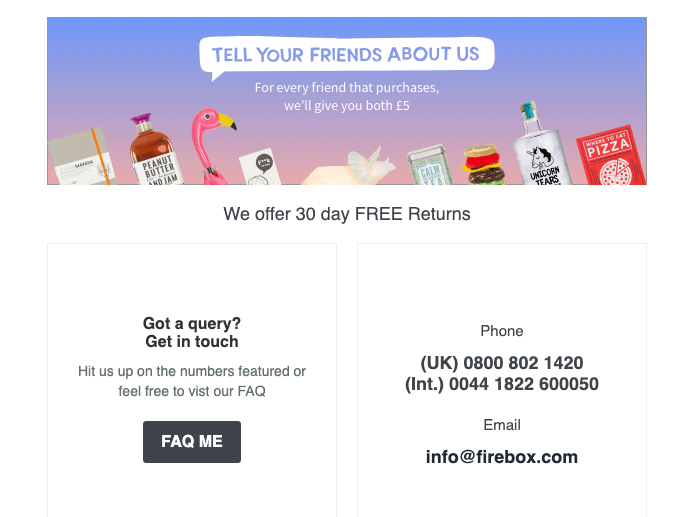 Firebox order confirmation email referral section clearly showing the incentive for both the referrer and the friend to drive word-of-mouth sales