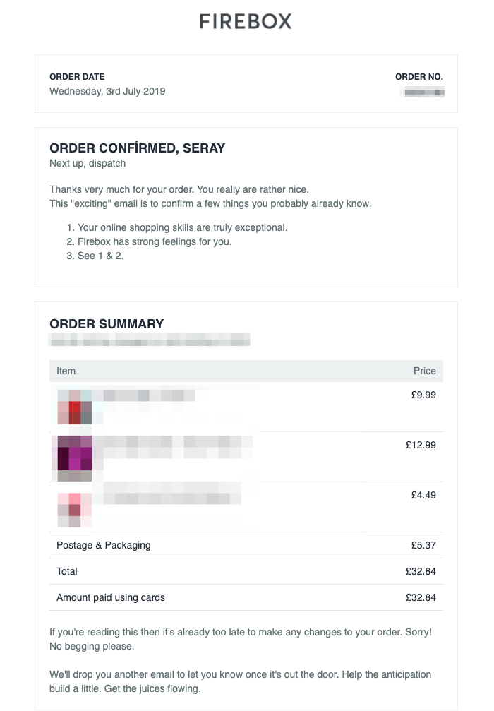 Firebox Order Confirmation Email