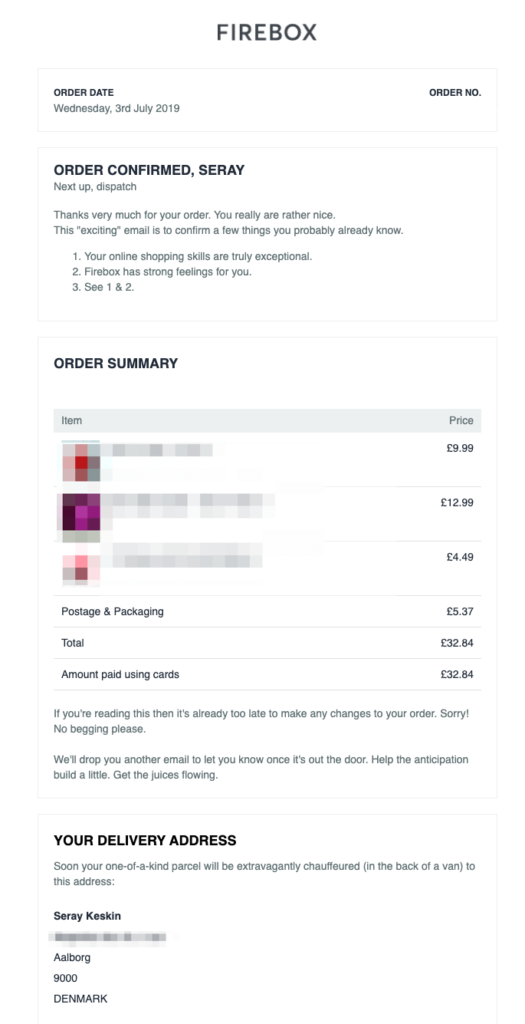 Firebox order confirmation email example with a friendly tone, product details, and delivery information in a simple layout