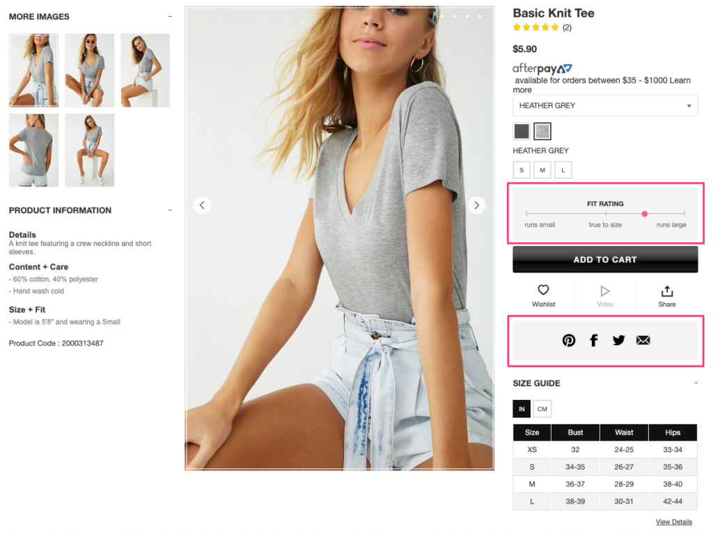 Forever 21 product page example with a dynamic fit rating updated by real customer reviews to help visitors choose the right size