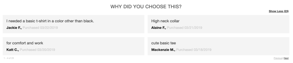 Forever 21 product page one-sentence customer quotes explaining why they chose the product as quick social proof